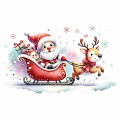 Cute Santa riding a festive sleigh pulled by two reindeer, surrounded by snowflakes and holiday flowers. The sleigh is filled with colorful presents, creating a whimsical Christmas scene.