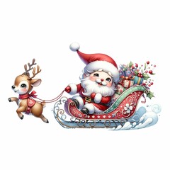 Cute Santa riding a festive sleigh pulled by two reindeer, surrounded by snowflakes and holiday flowers. The sleigh is filled with colorful presents, creating a whimsical Christmas scene.