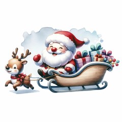 Cute Santa riding a festive sleigh pulled by two reindeer, surrounded by snowflakes and holiday flowers. The sleigh is filled with colorful presents, creating a whimsical Christmas scene.