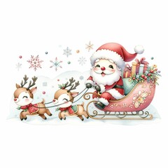 Cute Santa riding a festive sleigh pulled by two reindeer, surrounded by snowflakes and holiday flowers. The sleigh is filled with colorful presents, creating a whimsical Christmas scene.