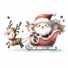 Cute Santa riding a festive sleigh pulled by two reindeer, surrounded by snowflakes and holiday flowers. The sleigh is filled with colorful presents, creating a whimsical Christmas scene.
