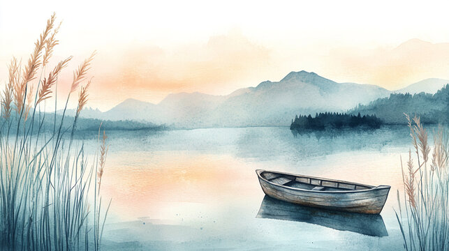 Serene Watercolor Lakeside View at Sunrise with Boat and Reeds