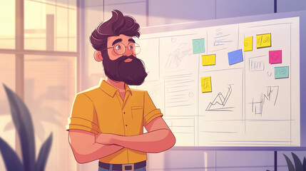 Creative Brainstorming: An animated adult male character with a beard is standing by a whiteboard, jotting down ideas and sketches with colorful markers. Sticky notes are scattered around the board