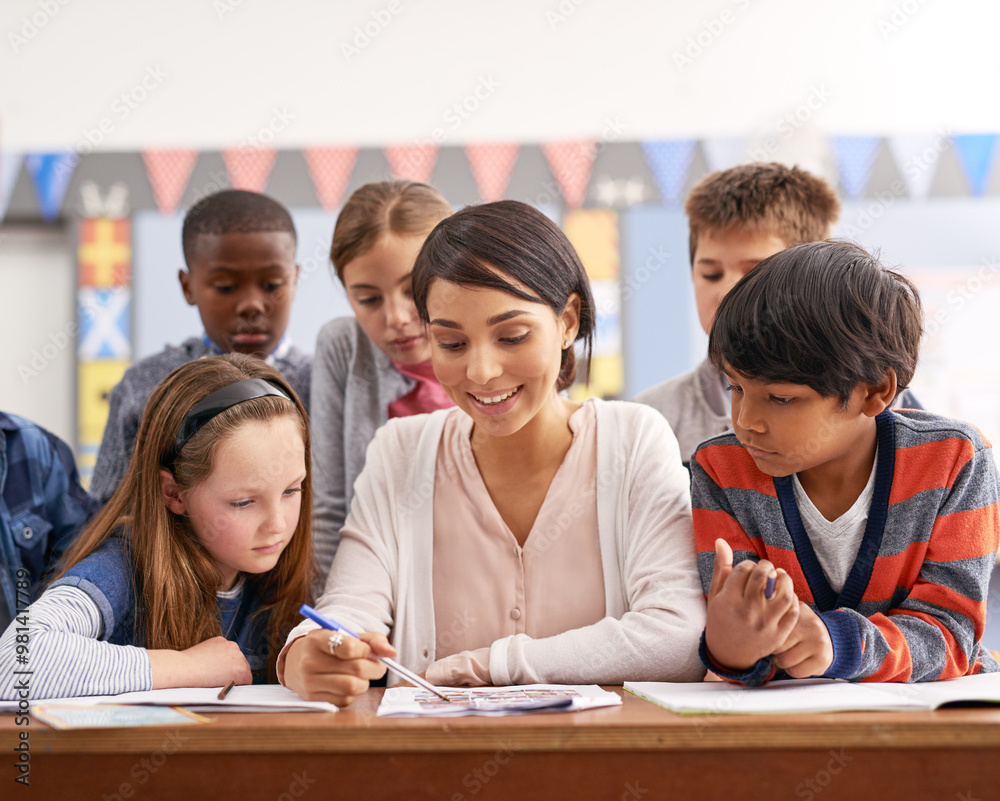 Poster writing, teacher and group of kids in classroom for help in growth, child development and lesson for