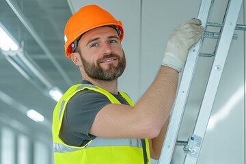 A smiling male electrician in his 30s, wearing an orange hard hat, high-visibility vest, and gloves, stands on a ladder