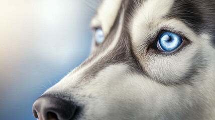 A dog with a blue eye staring at the camera