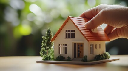 Hand placing house model on wooden table image
