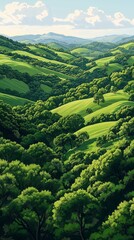 Fototapeta premium Epic Mobile Phone Wallpaper Illustration of Green Hills with Trees