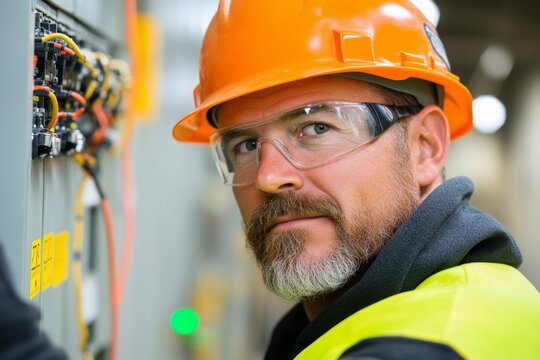 A middle-aged male electrician with a beard, wearing an orange hard hat, protective goggles, and a high-visibility vest - Powered by Adobe