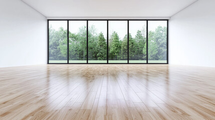 Fototapeta premium Empty room with large windows and wooden floor.