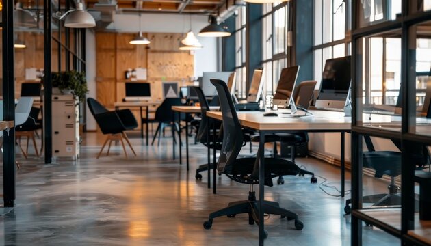Modern co working space with expansive city views and text area on the left side for customization