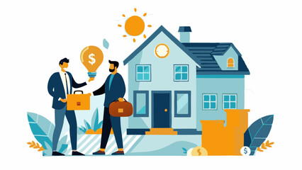 Two men shaking hands negotiating a real estate sale. Vector and illustration