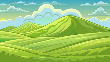 Landscape with green flowering meadow, clouds in the blue sky