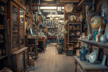 Antique shop interior with cluttered aisles filled with vintage treasures