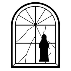 Ghostly Shadow Beyond a Cracked Window - Vector Art