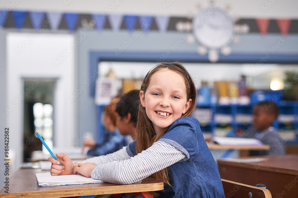Poster portrait, smile and girl in class for lesson in growth, child development and notebook for education
