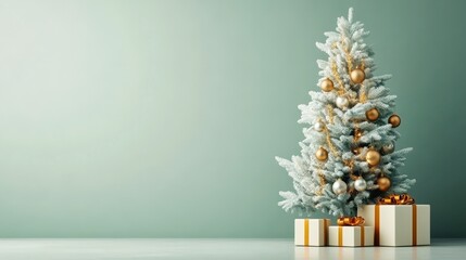 Fototapeta premium Christmas tree decorated with baubles standing near fireplace in room