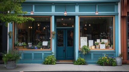 A Charming Teal Storefront with Greenery
