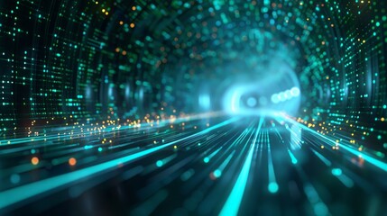 Obraz premium Digital technology speed connect blue green background, cyber nano information, abstract communication, innovation future tech data, internet network connection, Ai big data, line dot illustration 3d 