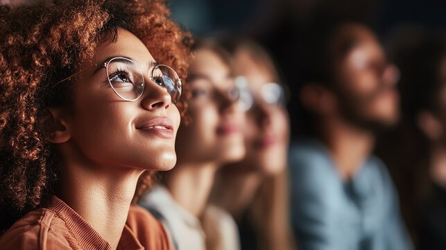 A thoughtful young woman gazes upward, surrounded by an audience, conveying inspiration and engagement in a reflective moment.