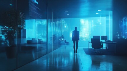 Silhouette of a Man Walking Towards Futuristic Office