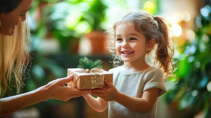 Fototapeta premium Cute little boy receiving christmas gift and smiling
