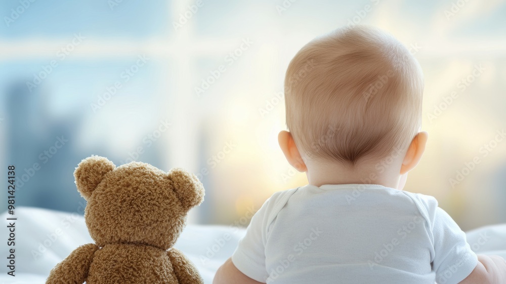 Sticker A baby is sitting on a bed with a teddy bear next to it