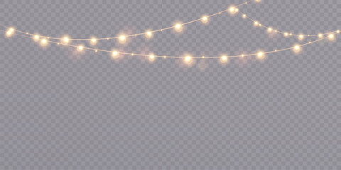 Garland of Christmas lights. Festive bright lights of bulbs. Christmas light garland isolated on transparent background. For New Year and holiday design.