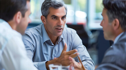 Male colleagues discussing in meeting at modern office