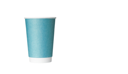 cardboard glass of blue color, for coffee or tea on an isolated white background close up