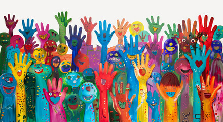 Obraz premium Joyful and Happy Children with Colorful Handprints Celebrating Their Creativity Outdoors in the Bright Sunshine