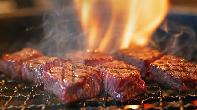Grilled wagyu beef moves with smoke around