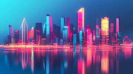 Vibrant city skyline at night with neon lights reflecting on the water, showcasing modern architecture and urban life.
