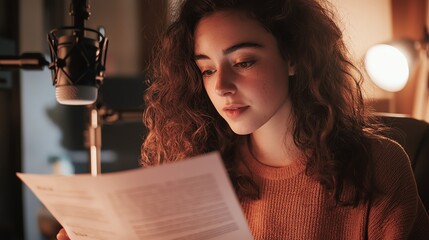 Young woman reading a script in a cozy setting, focused on delivering clear audio content with passion and determination.