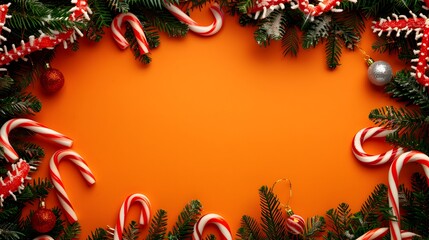Christmas Garlands and Candy Canes with Happy New Year on Bright Orange Background, Joyful Holiday Celebration
