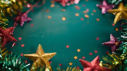 Christmas Stars and Tinsel with Happy New Year on Bright Green Background, Joyful Holiday Mood