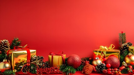 Christmas Bells and Gift Boxes with Happy New Year on Vibrant Red Background, Cheerful Holiday Celebration