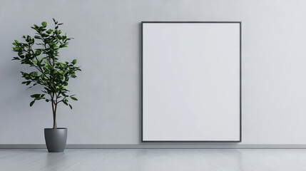 Blank canvas with a potted plant in a minimalist room.