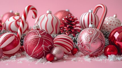 Christmas Ornaments and Candy Canes with Merry Christmas on Soft Pink Background, Festive Holiday Spirit