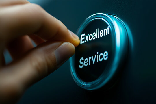 A customer's finger pressing a blue button labeled "Excellent Service" smiling after receiving outstanding service. Bright lighting, positive and rewarding atmosphere.