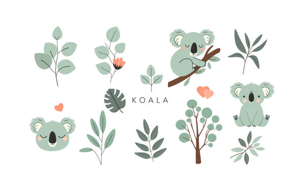 Cute koala collection featuring hand drawn illustrations of koalas with leaves, hearts, and branches. Kids designs, nursery decor, stickers, greeting cards