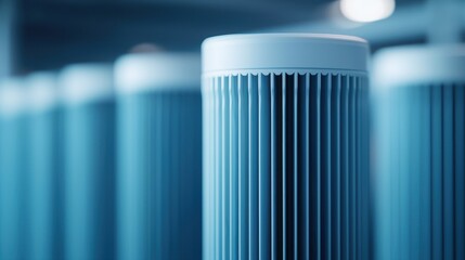 Obraz premium Close-up view of a blue air filter showcasing detailed grooves and modern design elements, suitable for technology and home improvement themes.