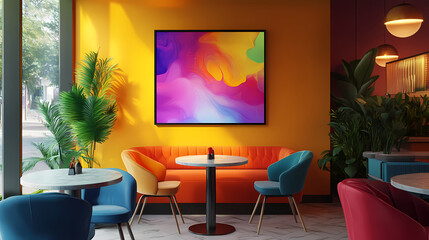 Frame mockup of frosted glass artwork in a vibrant cafe interior design. Frosted Glass. Illustration