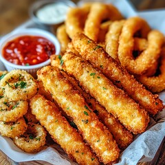 Takeaway box filled with fried seafood, mozzarella sticks, potato croquettes and sauces