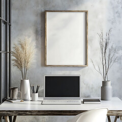 Modern Workspace with Empty Frame and Computer Setup