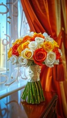 Fototapeta premium Beautiful floral bouquet displayed on a coffee table in a warm and inviting living room