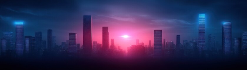 Fototapeta premium Stunning futuristic city skyline at dusk with vibrant neon lights and dramatic atmosphere, perfect for modern design projects.