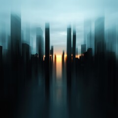 A blurred cityscape with tall buildings against a serene sunset, creating a mysterious and artistic urban atmosphere.