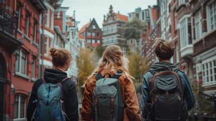 Fototapeta premium Friends embark on an exciting adventure as they explore a vibrant new city together