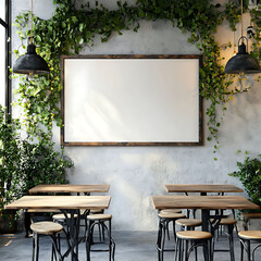 Modern Cafe Interior with Plants and Blank Wall Frame